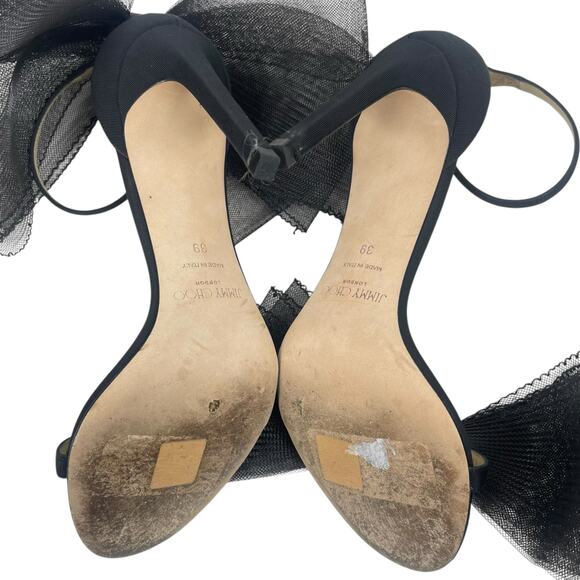 Jimmy Choo Aveline 100 Black Sandal Grosgrain Mesh Fasincator Bow Size 39 - Picture 10 of 16